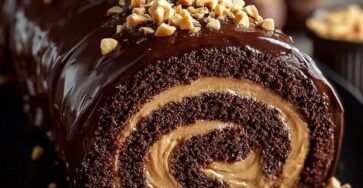 Gâteau roulé au chocolat garni de crème au beurre de cacahuète, recouvert d’un glaçage chocolat et de cacahuètes hachées.