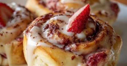 Roulés à la cannelle garnis de fraises fraîches avec glaçage au fromage à la crème coulant sur le dessus.
