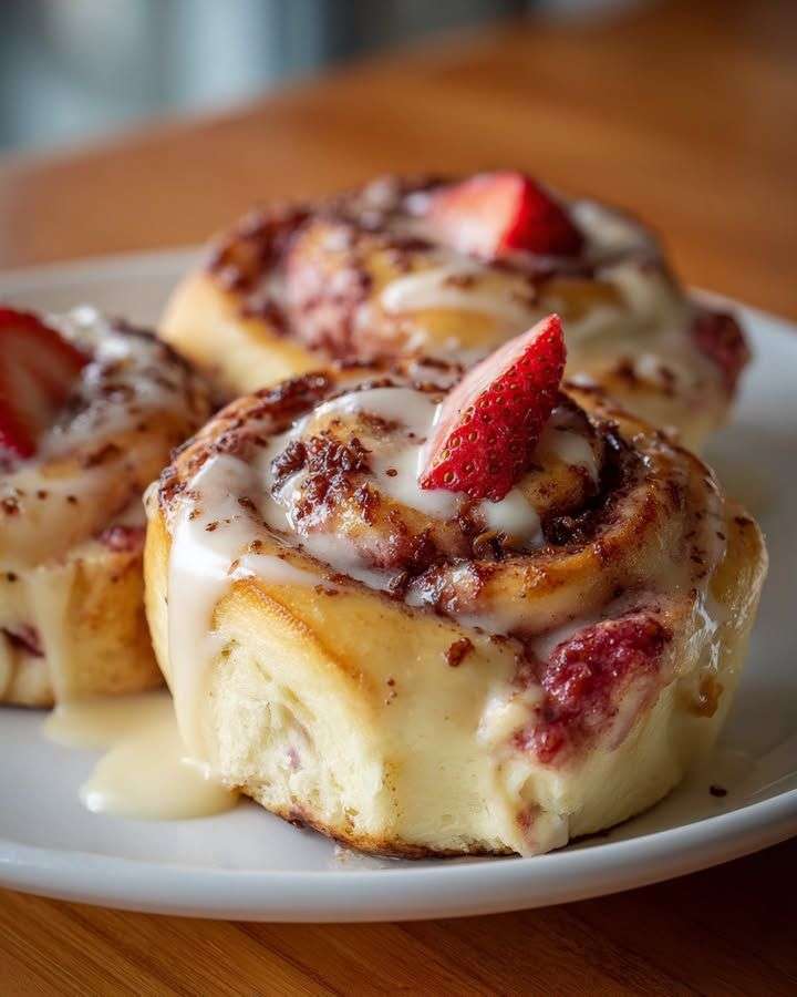 Roulés à la cannelle garnis de fraises fraîches avec glaçage au fromage à la crème coulant sur le dessus.