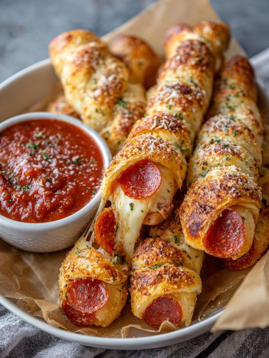 Bâtonnets de pizza au pepperoni et fromage dorés au four, servis avec une sauce marinara chaude.