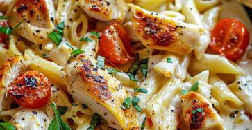 Assiette de pennes au poulet nappées de sauce crémeuse au parmesan, tomates cerises et basilic frais, servie bien chaude