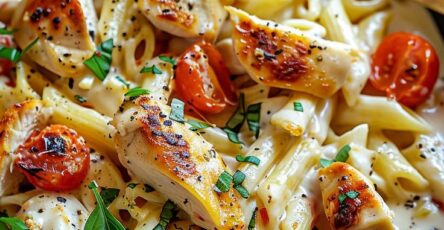 Assiette de pennes au poulet nappées de sauce crémeuse au parmesan, tomates cerises et basilic frais, servie bien chaude