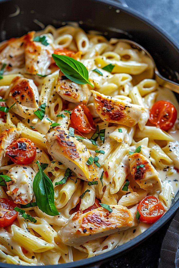 Assiette de pennes au poulet nappées de sauce crémeuse au parmesan, tomates cerises et basilic frais, servie bien chaude
