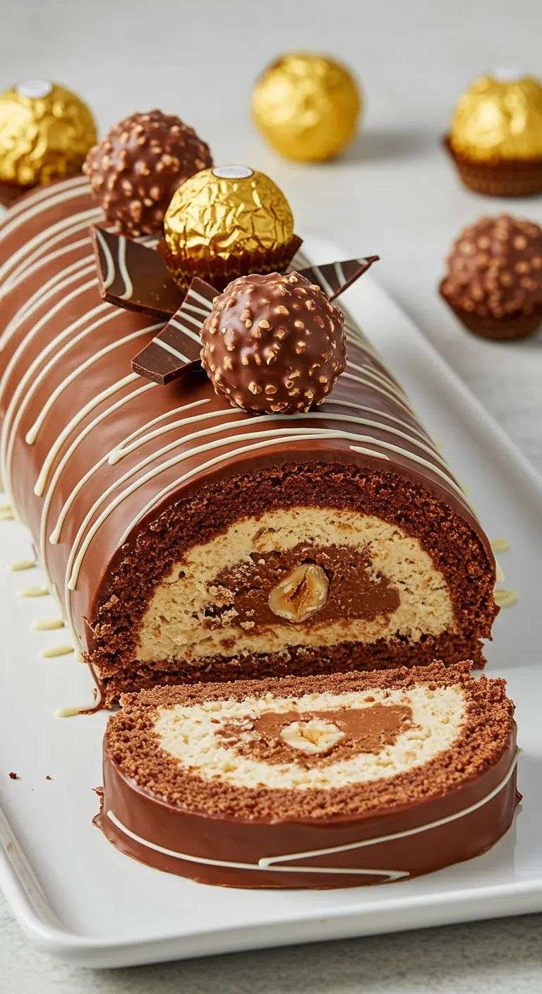 Bûche roulée au chocolat façon Ferrero Rocher avec glaçage rocher croquant et décor de chocolats Ferrero.