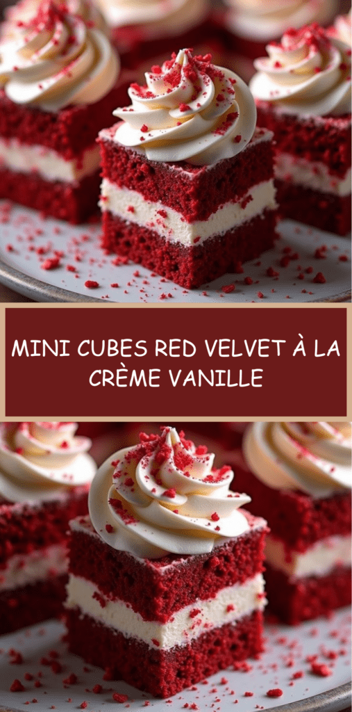 Mini cubes Red Velvet garnis de crème vanille pour dessert festif.
