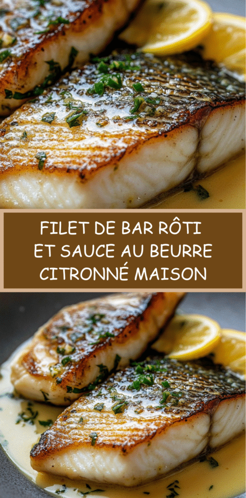 Filet de bar rôti servi avec une sauce au beurre citronné, présenté dans une assiette élégante avec herbes fraîches.
