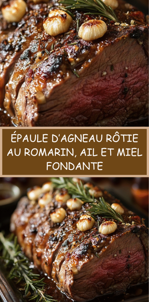 Épaule d’agneau rôtie lentement au romarin avec glaçage au miel, servie dans un plat rustique avec jus de cuisson.