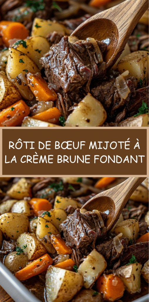Rôti de bœuf mijoté dans une crème brune, servi avec pommes de terre et carottes dans une cocotte rustique.