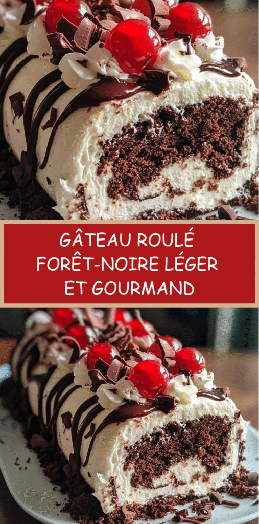 Gâteau roulé Forêt-Noire garni de chantilly et cerises, décoré de copeaux de chocolat et de cerises entières.