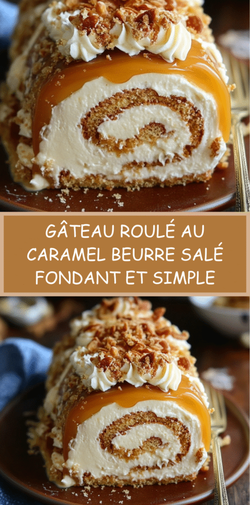 Gâteau roulé garni de crème au caramel beurre salé, décoré de caramel coulant et de noisettes concassées.