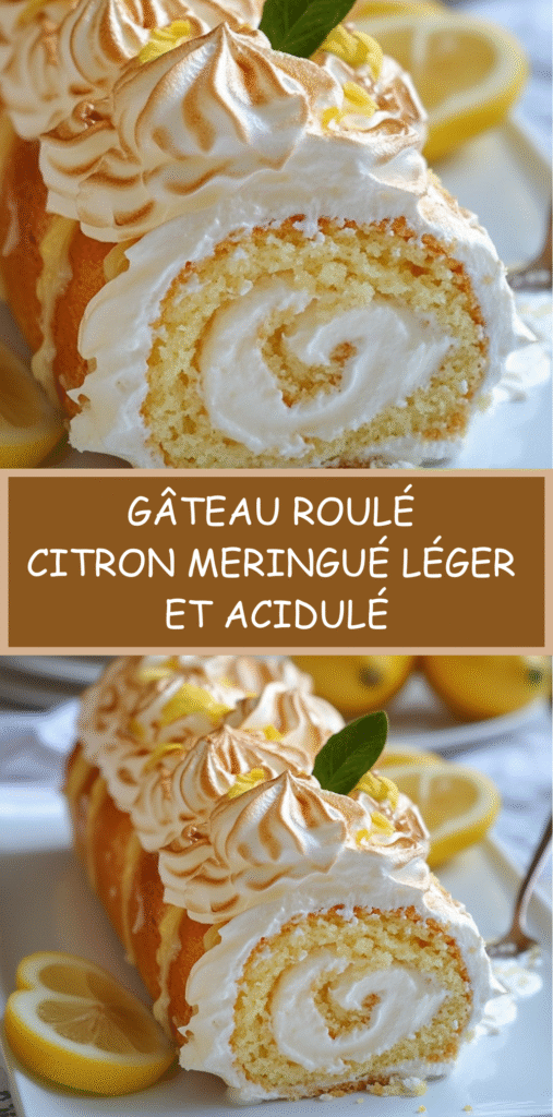 Gâteau roulé citron garni de lemon curd et recouvert de meringue dorée au chalumeau.