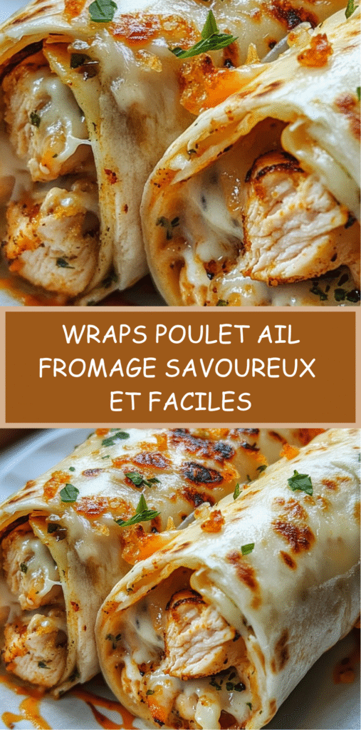 Wraps poulet à l’ail, fromage fondu et crème, croustillants coupés en deux avec garniture fondante visible.