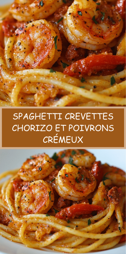Assiette de spaghetti crémeux avec crevettes, chorizo et poivrons colorés, garnie de persil frais.