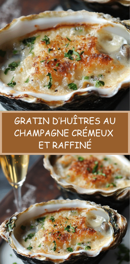 Gratin d’huîtres au champagne dans leurs coquilles avec chapelure dorée et herbes fraîches.
