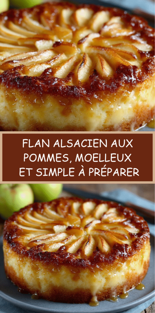 Flan alsacien aux pommes doré et moelleux dans un moule rond, avec tranches de pommes visibles.