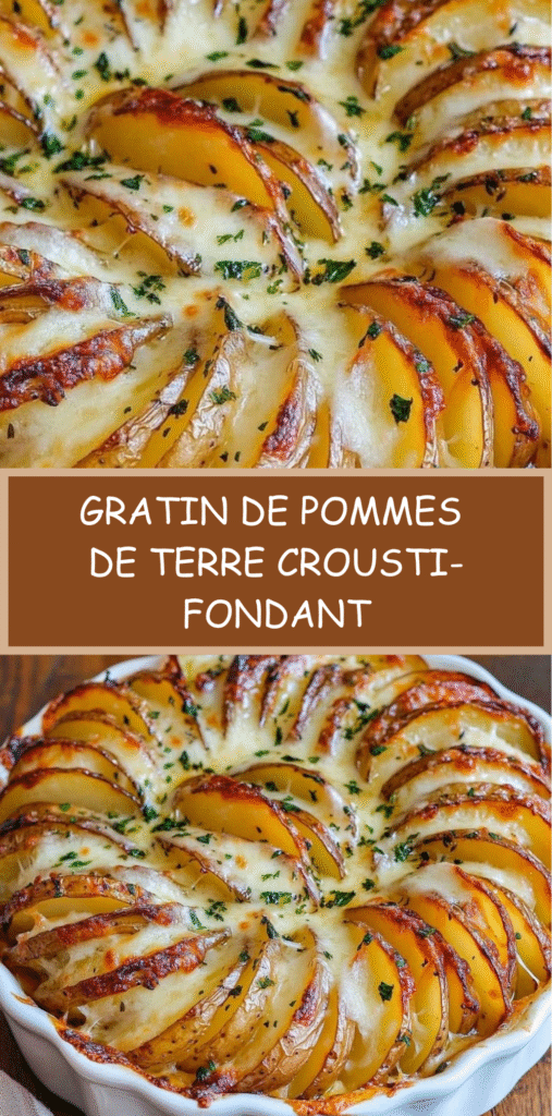 Gratin de pommes de terre crousti-fondant dans un plat rond, avec tranches verticales dorées et fromage gratiné.