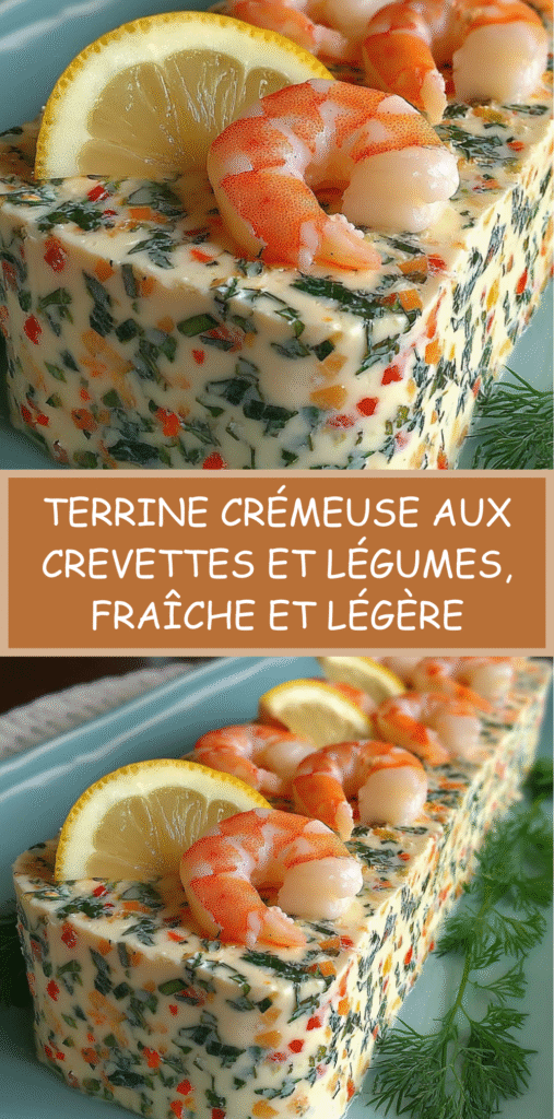 Terrine crémeuse aux crevettes et légumes colorés, démoulée en bloc rectangulaire et décorée de crevettes entières, citron et aneth.