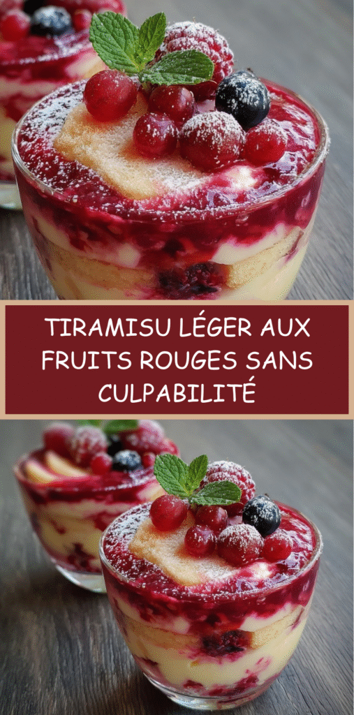 Verrines de tiramisu léger aux fruits rouges avec couches de biscuits, crème blanche et fruits frais.