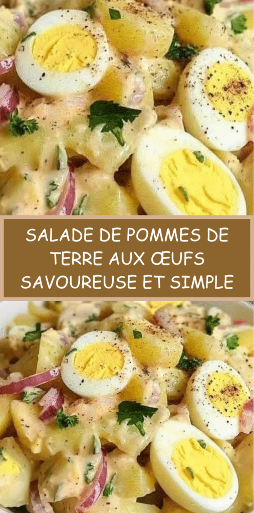 Salade de pommes de terre aux œufs durs avec tomates, oignon rouge et vinaigrette crémeuse.