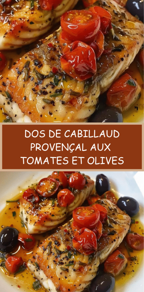 Dos de cabillaud cuit au four avec tomates cerises, olives noires, ail et herbes de Provence.