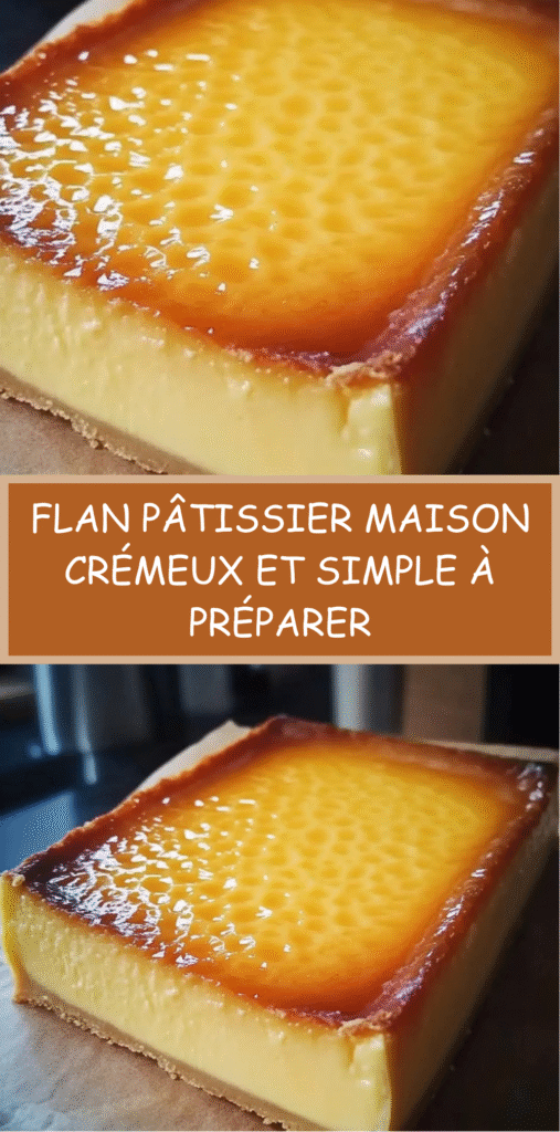 Tranche de flan pâtissier maison crémeux, épais et doré sur le dessus.