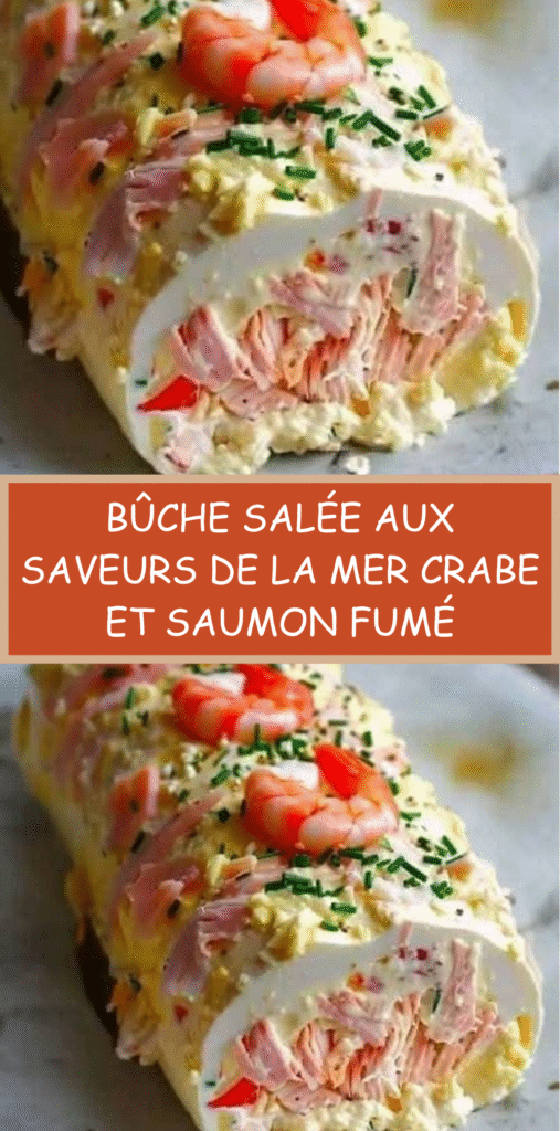 Bûche salée aux fruits de mer garnie de crabe, saumon fumé, gambas et zestes de citron sur un plat de service.