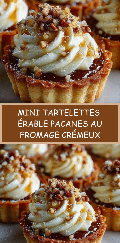 Mini tartelettes au fromage à la crème avec pacanes croquantes et filet de sirop d’érable.