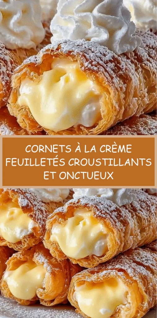 Cornets feuilletés dorés et croustillants garnis de crème diplomate légère et saupoudrés de sucre en poudre.