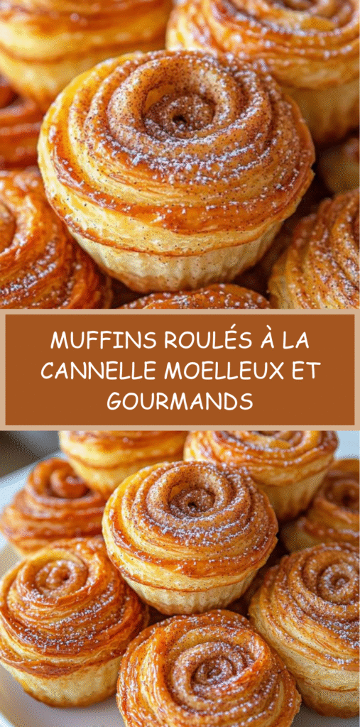 Muffins roulés à la cannelle dorés avec spirale visible et glaçage sucré coulant légèrement.