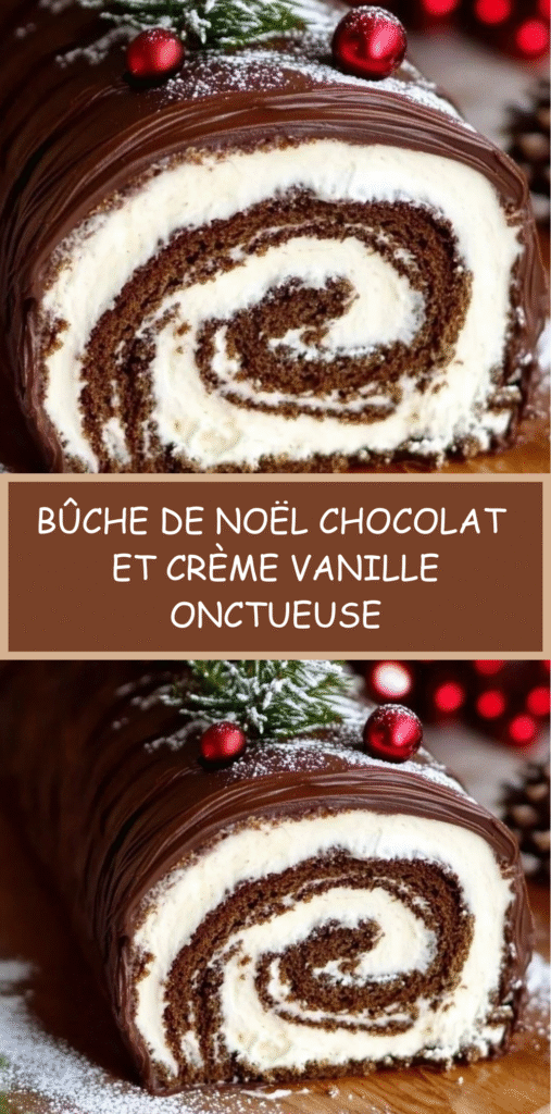 Bûche de Noël roulée au chocolat garnie de crème vanille et recouverte d’une ganache brillante décorée façon écorce.