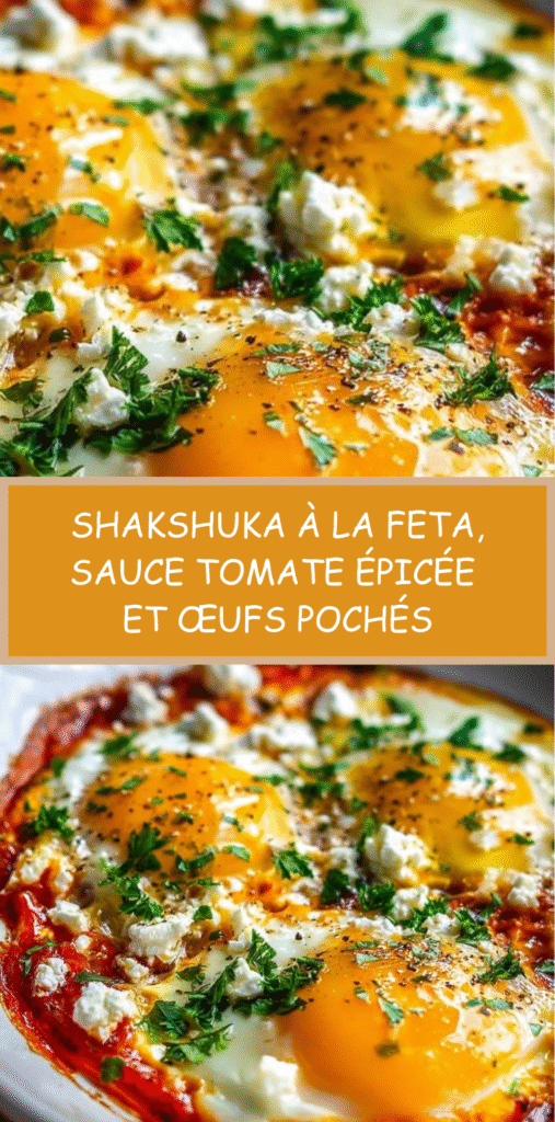 Shakshuka maison avec œufs pochés, sauce tomate épicée, feta émiettée et herbes fraîches dans une poêle en fonte.