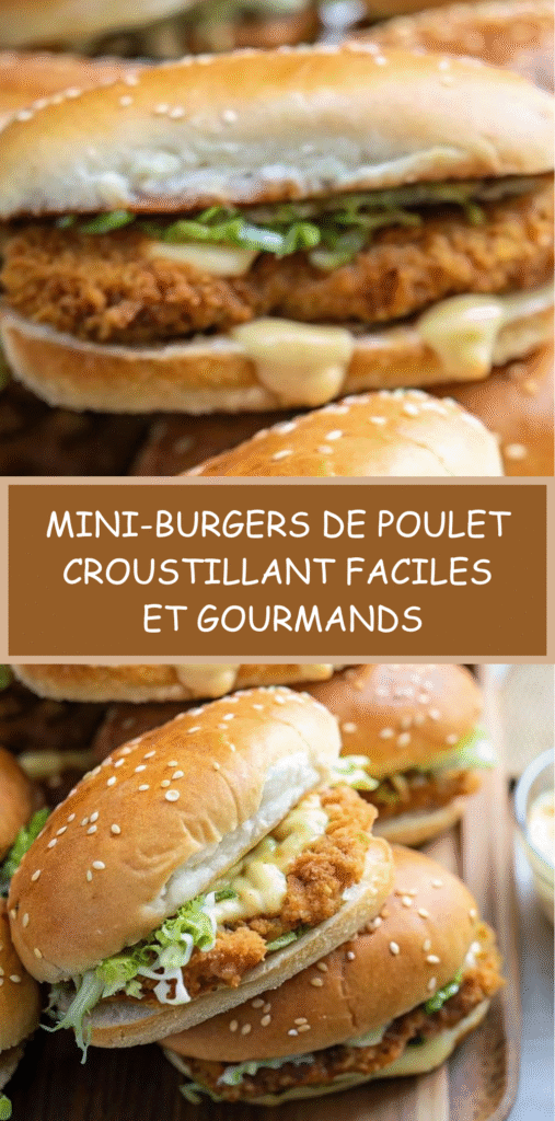 Mini-burgers de poulet croustillant avec laitue, sauce crémeuse et pains légèrement toastés.