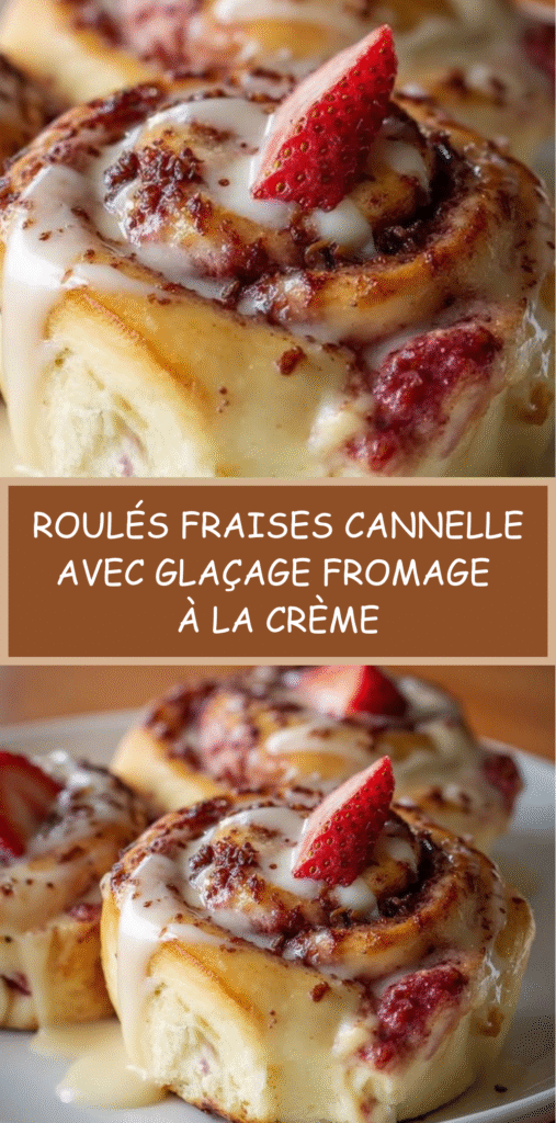Roulés à la cannelle garnis de fraises fraîches avec glaçage au fromage à la crème coulant sur le dessus.
