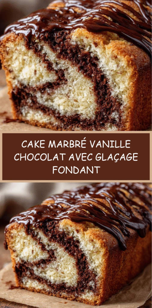 Cake marbré vanille-chocolat tranché avec glaçage fondant au chocolat coulant sur le dessus.