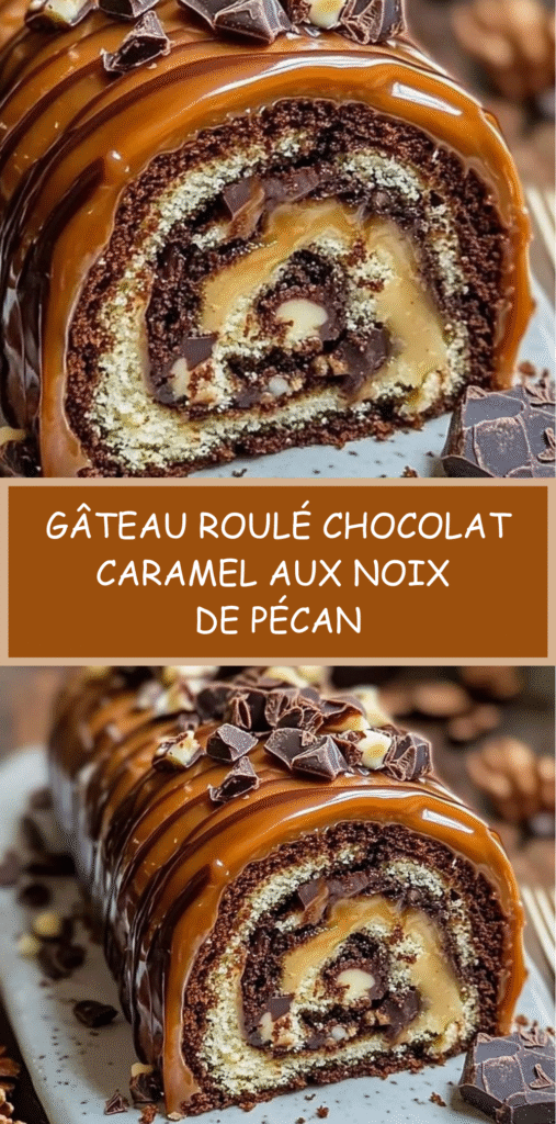 Gâteau roulé au chocolat garni de caramel et noix de pécan avec glaçage chocolat brillant sur le dessus.