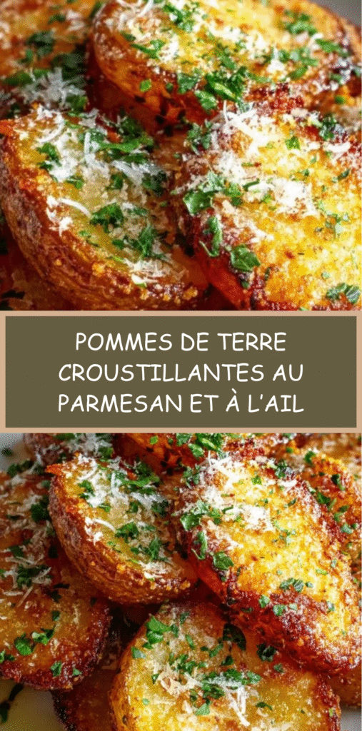 Pommes de terre croustillantes au four recouvertes de parmesan et d’ail, dorées et servies avec persil frais.