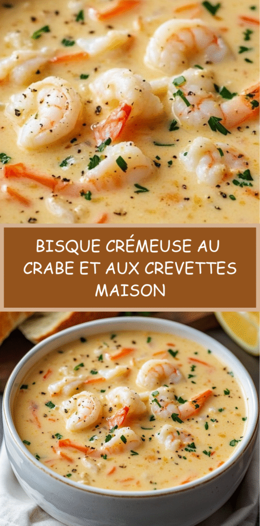 Bol de bisque crémeuse aux fruits de mer avec crabe, crevettes et herbes fraîches.