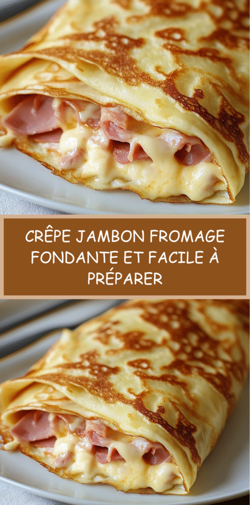 Crêpe pliée et dorée, garnie de jambon et fromage fondant, servie chaude en assiette.
