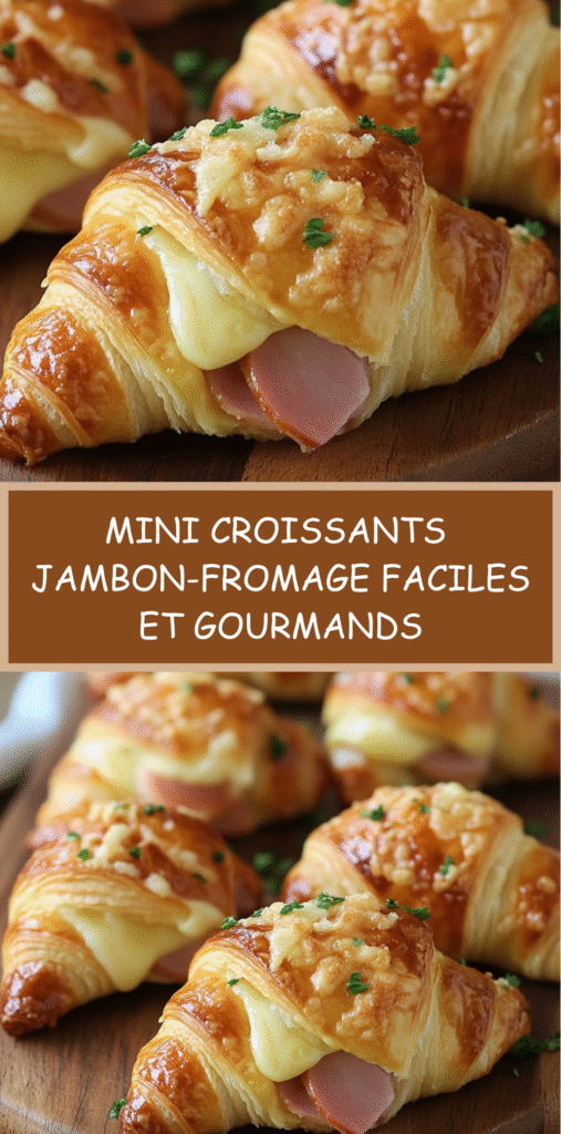 Mini croissants feuilletés dorés garnis de jambon et fromage fondant, prêts à servir.