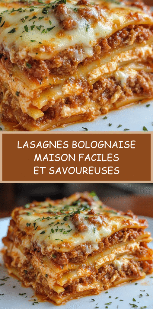 Lasagnes Bolognaise maison servies en parts épaisses avec couches visibles de pâte, sauce et fromage fondant.