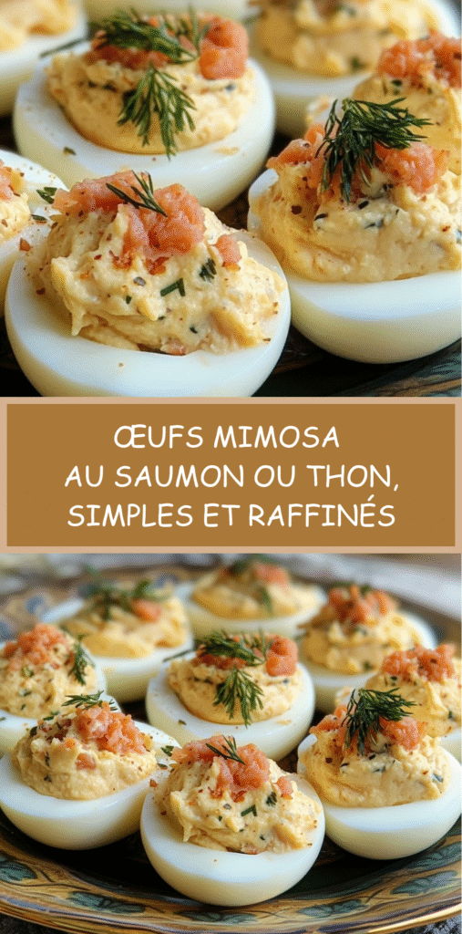 Œufs mimosa garnis au saumon ou thon, décorés d’herbes fraîches et paprika.