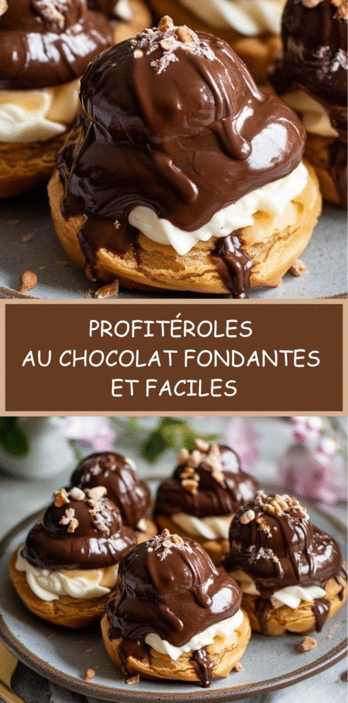 Profitéroles garnies de glace vanille, nappées de sauce chocolat brillante.