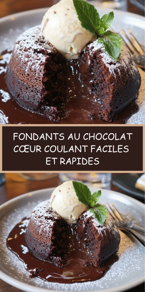 Fondants au chocolat avec cœur coulant, servis avec glace vanille.