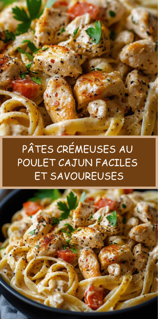 Assiette de pâtes crémeuses au poulet cajun avec sauce onctueuse et poivrons.