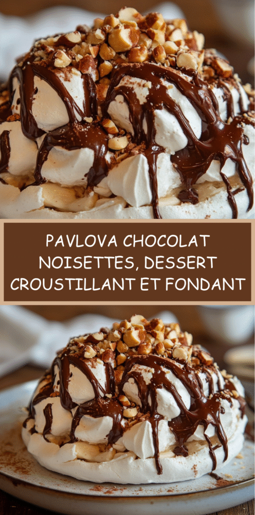 Pavlova au chocolat garnie de crème fouettée, noisettes caramélisées et copeaux de chocolat.
