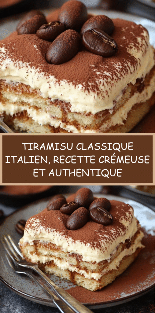 Tiramisu classique en couches avec cacao saupoudré, crème mascarpone et biscuits imbibés de café.