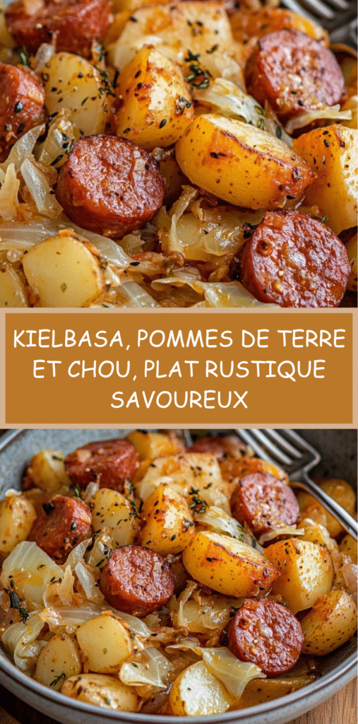 Poêlée de kielbasa dorée avec pommes de terre et chou émincé dans une cocotte en fonte.