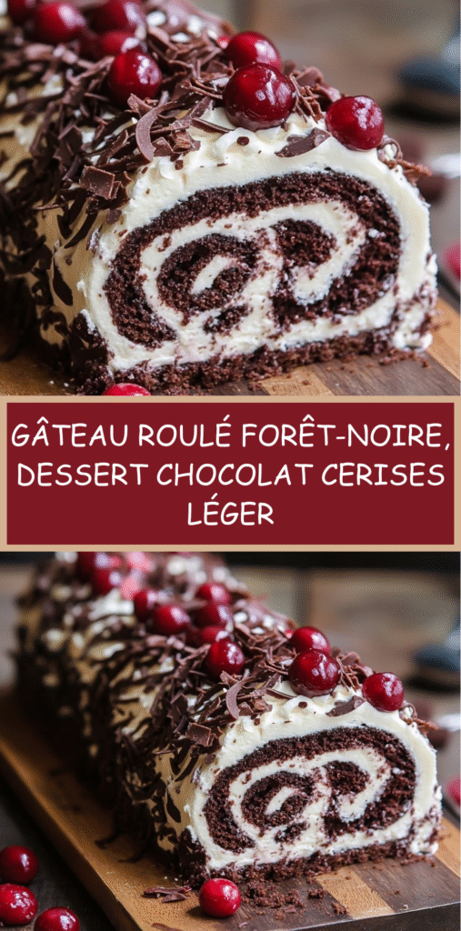 Gâteau roulé Forêt-Noire au cacao garni de chantilly et de cerises, décoré de copeaux de chocolat.