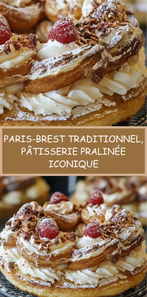 Paris-Brest traditionnel garni de crème mousseline pralinée et décoré d’amandes effilées.
