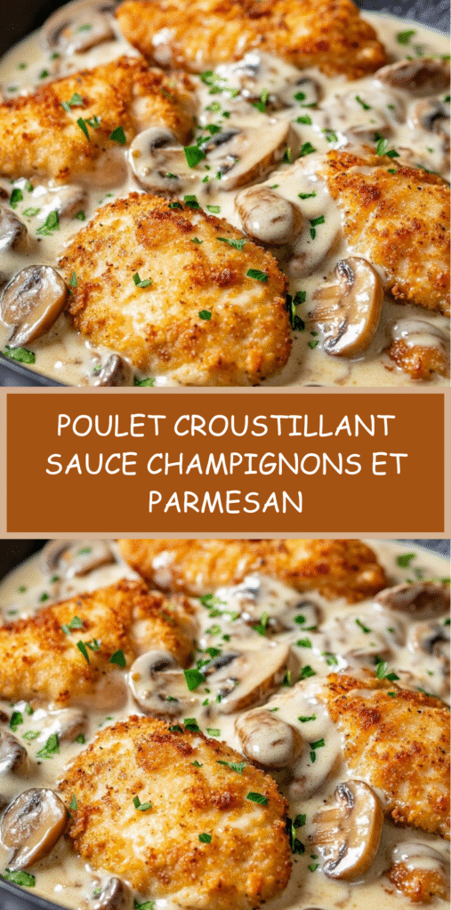 Poulet pané croustillant servi avec une sauce crémeuse aux champignons et parmesan.